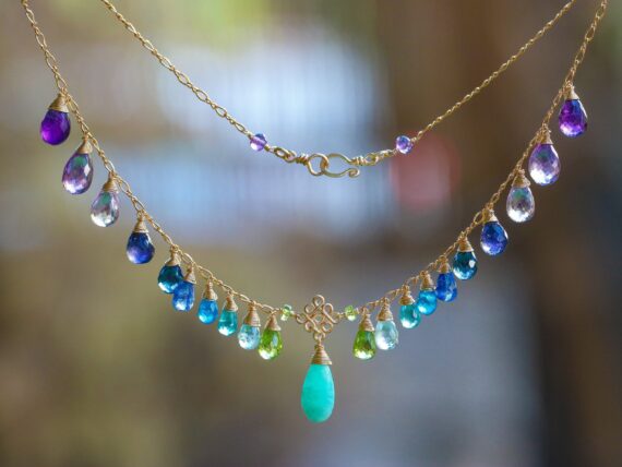 Aqua Blue Amazonite Colorful Gemstone Gold Filled Drop Necklace, Statement Necklace