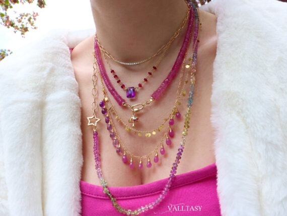 Solid Gold 14K Pink Sapphire and Purple Amethyst Drop Necklace, Dainty Gemstone Necklace