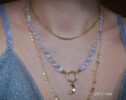 Solid Gold 14K Silk Knotted Rainbow Moonstone Necklace with a Crescent Charm