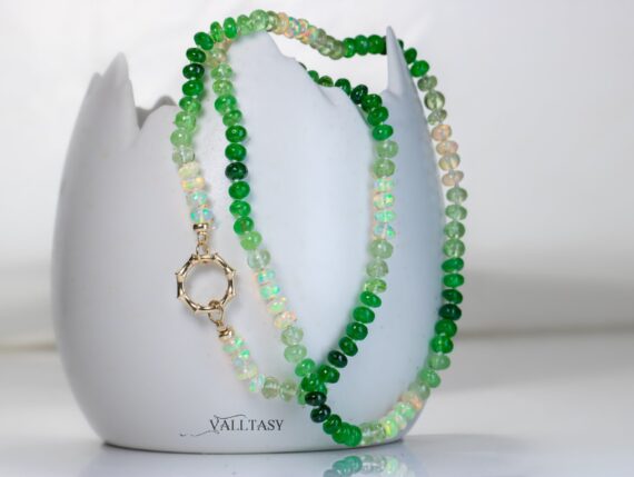 Solid Gold 14K Silk Knotted Emerald Green Tsavorite and Ethiopian Opal Gemstone Necklace