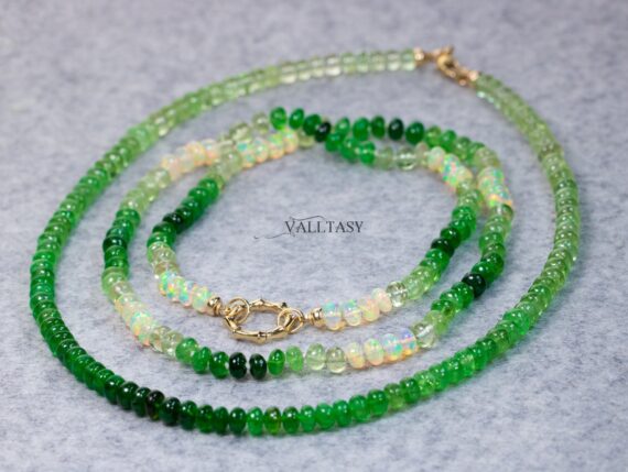 Solid Gold 14K Silk Knotted Emerald Green Tsavorite and Ethiopian Opal Gemstone Necklace