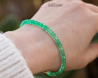 Solid Gold 14K Colombian Emerald Bracelet, Genuine Emerald Stacking Beaded Bracelet