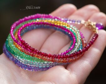 Solid Gold 14K Rainbow Multi Wrap Bracelet Necklace, Multi Layered Bracelet, Long Beaded Necklace