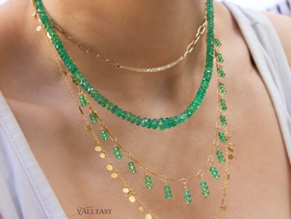 14K Solid Gold Emerald Fringe Necklace, Genuine Zambian Emerald Gemstone Necklace