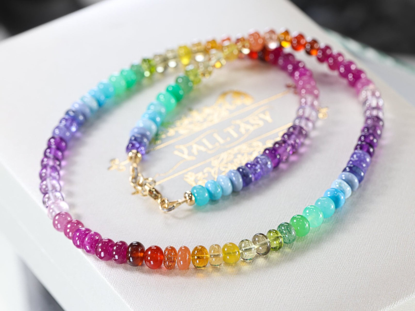 Solid Gold 14K Rainbow Gemstone Beaded Necklace